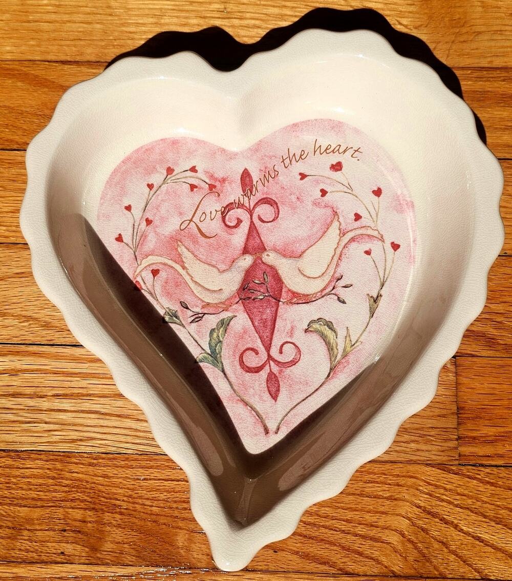 "Love Warms The Heart " Heart shaped ceramic dish, doves and flowers.